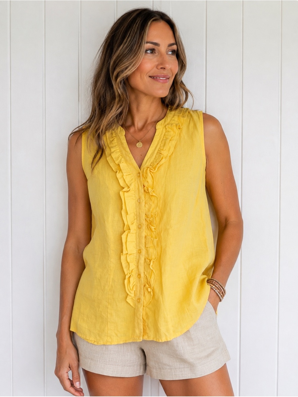 Kim Rogers Yellow 100% Linen Ruffle Sleeveless Blouse Button Up Top Petite PS